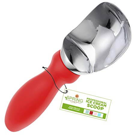Spring Chef Red Heavy Duty Ice Cream Scoop - Stainless Steel Ice Cream Scooper with Non-Slip Handle - Premium Metal Kitchen Tool for Gelato, Sorbet, Melon - Dishwasher Safe Icecream Spoon