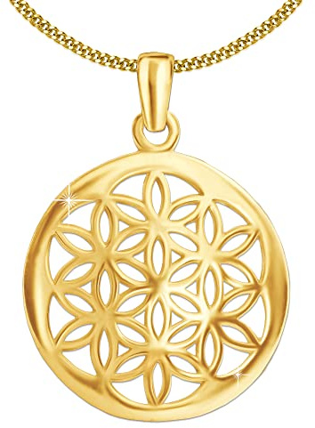CLEVER SCHMUCK Lebensblume Damen Halskette Anhänger Blume des Lebens Ø 17 mm Sterling Silber 925 gold-plattiert Kette Panzer 45 cm im Schmucketui creme