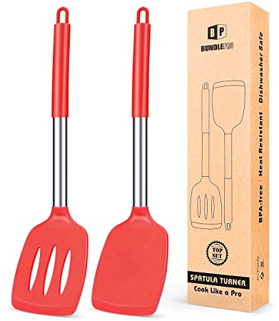 Juego de 2 Espátulas de Silicona, Espátula Antiadherentes Resistente al Calor, Utensilios de Cocina para Servir, Freir, Cocinar Huevos, Peacado, Verduras, Steak, Tortitas(Rojo)