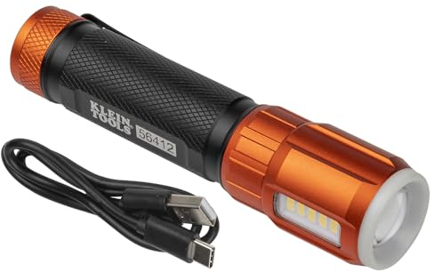 KLEIN TOOLS Lampe torche LED rechargeable avec lampe de travail, 500 lumens, câble de charge USB, clip de poche, indicateur de durée de vie de la batterie, magnétique 56412, orange/noir