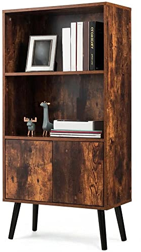 BAKAJI Bokhylla 2 hyllor + dörrskåp hylla träram MDF antik effekt modern industriell design storlek 120 x 60 x 30 cm heminredning