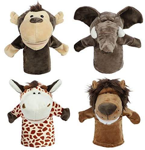Sunallwell Hand Puppets for Kids, 4 Packs Sooty and Sweep Animal Puppets for Children Toddlers Boys Girls (Big Movable Mouths)
