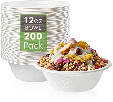 Vplus 200 Pack 12 OZ Paper Bowls, Disposable Compostable Bowls Bulk, Eco-friendly Bagasse Bowls, Heavy-duty Bowls Perfect for Milk Cereals, Snacks, Salads