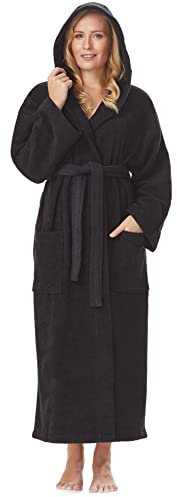 Damen-Bademantel mit Kapuze, knöchellang, Baumwolle, L-XL Lang, Schwarz
