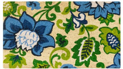 Baroni Home Zerbino Ingresso Casa in Cocco Dipinto a Mano 70x40 cm Facile da Pulire e Super Resistente, Fiori Blu e Verdi