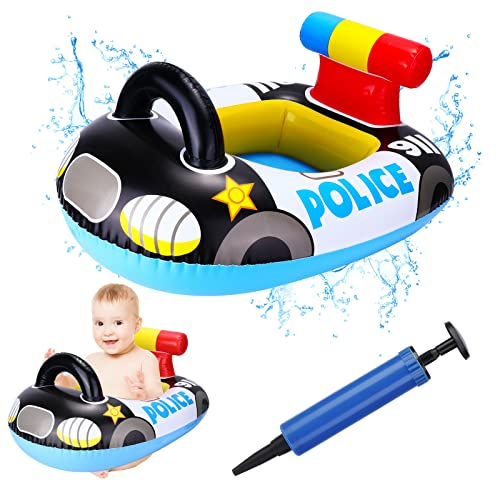 Baby Swimming Ring, Squad Car Cartoon Inflatable Baby Swimming Float PVC Safety Aid Float Seat Circle Swim Float Boat with Inflator and Seat for Age 6 Months to 2.5Years Toddler Floating Training