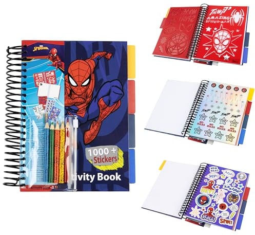 Marvel Sticker-Buch mit über 1000 Aufklebern, Schablonen, Ausmalblättern und Buntstiften - Marvel Fanartikel Jungen (Mehrfarbig Spiderman)