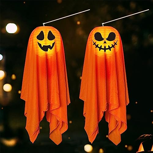 2 Stück Halloween Deko Geist,Halloween Lichterkette Deko,Faltbar Lampenschirm Lampions,Halloween Windsäcke Geist Hängen Geistergesicht Mit Lichter,Laterne Für Halloween Party Für Jungen Mädchen (D)