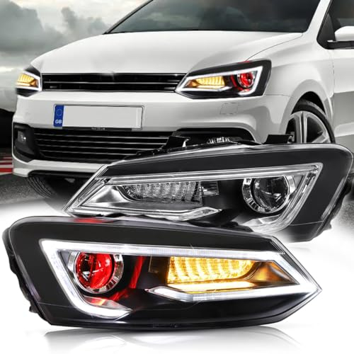VLAND Scheinwerfer für Polo MK5 6R 6C 2009–2017 (nicht passend für Polo GTI/1.2 TSI/R), DRL-Frontlichter (DEMON EYES)