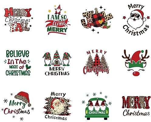 CREATCABIN 12 Stück Weihnachts-Aufkleber Aufbügeln,Frohe Weihnachten,Wärmeübertragungsaufkleber-Set,Bunte Vinyl-Applikationsflicken,Heißschmelzfolie Für Selbstgemachte Kleidung,T-Shirts 18.5cm