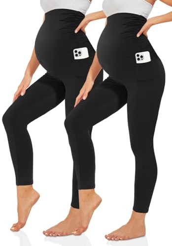 TNNZEET Umstandsleggings Damen Umstandsmode Blickdicht Schwangerschaft Leggings Umstandshose Lang mit Taschen für Yoga(Schwarz*2,M)