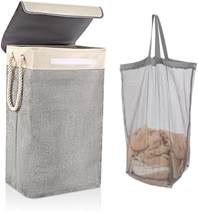 BrilliantJo Wäschekorb mit Deckel 84L, zusammenklappbarer Wäschesammler mit Wäschesack und Seilgriff, Großer geeignet für Schlafzimmer, Waschküche, Badezimmer 68 x 42 x 31 cm Beige + Grau