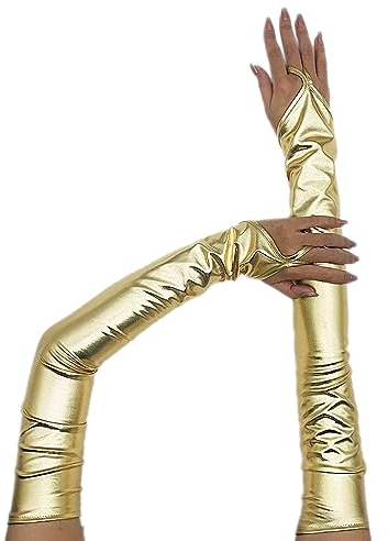 Lackleder Lange 55cm Handschuhe Fingerlose Handschuhe Damen Sexy Beschichtete Handschuhe Hakenfingerhandschuhe Abendhandschuhe für Hochzeit Abschlussball Teeparty Kleidungs Zubehör,Gold