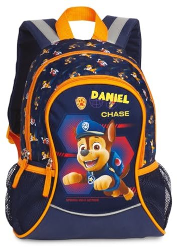 Personalisierter Kindergartenrucksack Paw Patrol - Rucksack Kinder Jungen Chase mit Namen - Freizeitrucksack Kindergarten Kita mit seitlichen Netztaschen Vordertasche