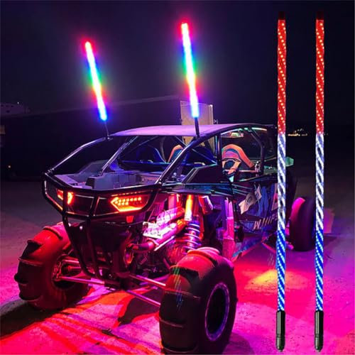 Feux fouets LED, 60 cm RVB 360° en spirale avec télécommande, 20 couleurs, lumière de mât de drapeau étanche, antenne lumineuse d'avertissement tout-terrain pour UTV ATV camions buggy (2 pièces)