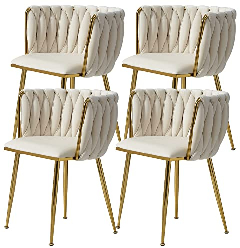 AUKWIK 4er Set Esszimmerstühle, Schminktisch Stuhl aus Samt, Polsterstuhl mit Metallbeine, Esstisch Stühle für Esszimmer Wohnzimmer und Küche, Weiß
