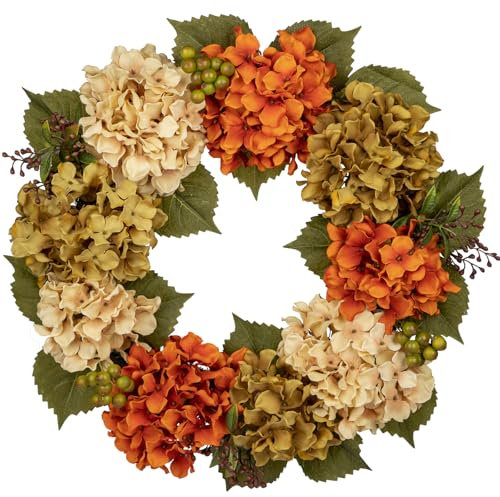 Hollyone 51 cm Künstliche Hortensienkranz Herbst Dekoration Kranz, Falsche Blumen Türkranz, Faux Beige Grün Orange Hortensien Kranz Deko für Haustür, Mantel, Wand, Bauernhof Dekor