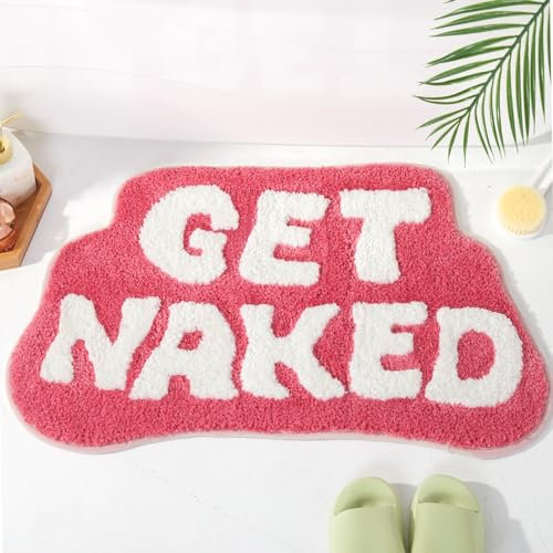 DyeFury Tappetino da bagno a forma irregolare Get Naked fucsia, divertente tappetino da bagno, piccolo arredamento per il bagno preppy, divertente tappeto estetico da bagno per appartamenti,