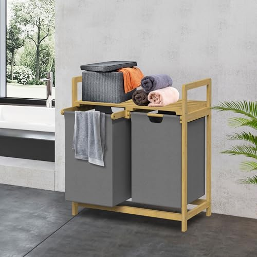 ML-Design Wäschekorb aus Bambus, Grau, Wäschebox mit 2 Fächern, Wäschesammler mit 2 ausziehbaren Wäschesäcken 60 L, Wäschetruhe mit Ablage, Wäschesortierer für Badezimmer, Wäschetonne mit Regal