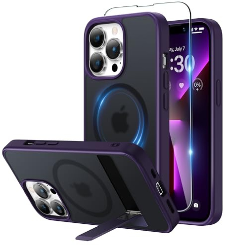 Niunisi Magnetic Case for iPhone 13 Pro Case 6.1-Inch, Slim Kickstand with Screen Protector Compatible with Magsafe Shockproof Matte Phone Case Cover (Purple, for iPhone 13 Pro 6.1 inch)