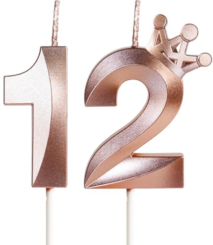 Yiran 12er-Pack 5cm 3D Roségold Geburtstagskerzen mit Krone, Ziffern 1 und 2, Aluminium, Unparfümiert, Indoor, Kuchen Topper Dekoration für Geburtstage, Hochzeiten, Jubiläen, Feiern