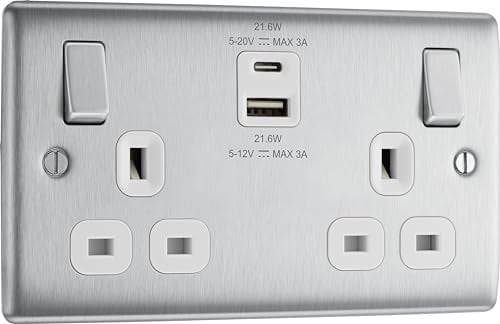 BG Electrical Double Switched Wall Plug Socket with Fast Charge Type A & C USB Charging Ports, Nexus Metal, Brushed Steel, White Inserts, 13A, 22W, NBS22UAC22W