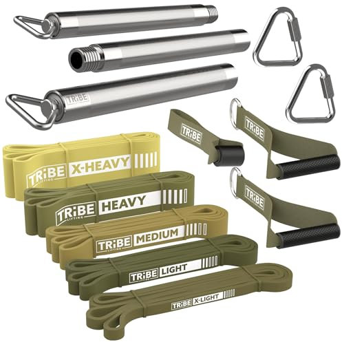 Tribe Lifting Widerstandsbänder – Klimmzughilfebänder mit Griffen, Türanker – Stretchbänder für Übungsbänder Set (Grünes Set mit Stange)