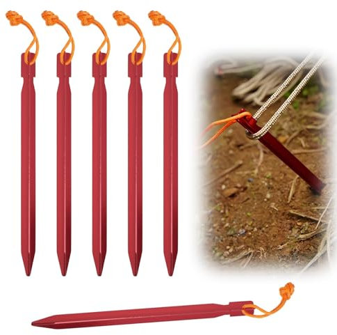 6Pcs Camping Stakes Heavy Duty Tent Pegs with Reflective Rope Aluminum Alloy Tent Stakes Pegs Nails Ground Stake Y-beam Triangular Sawtooth Tent Nails for Outdoor Hiking Sand Park, Red