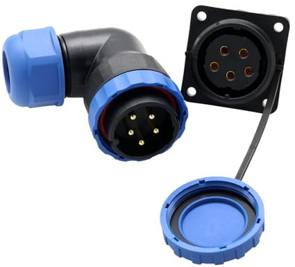 HangTon TY28 - Conector macho hembra de 5 pines 25 A, enchufe de montaje en panel y enchufe de cable en ángulo de 90°, conexión de tornillo, desconexión rápida sin soldadura para energía eléctrica