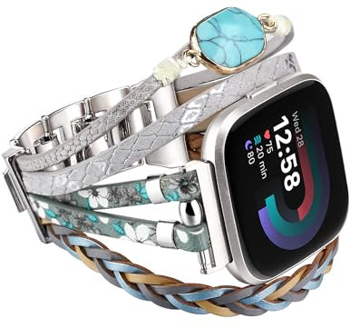 Wingoden Bracelet Bands Compatible with Fitbit Versa 4/3/Sense 2/Sense Band for Women, Leather Beaded Watch Strap Natural Stone Wrap Boho Watch Band for Fitbit Versa 4 Band Replacement, Blue Turquoise