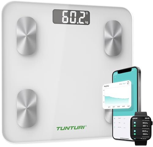 Tunturi Personenwaage - Waage - Bluetooth - 180 kg Benutzergewicht - Körperfettwaage mit App - inklusive Körperanalyse