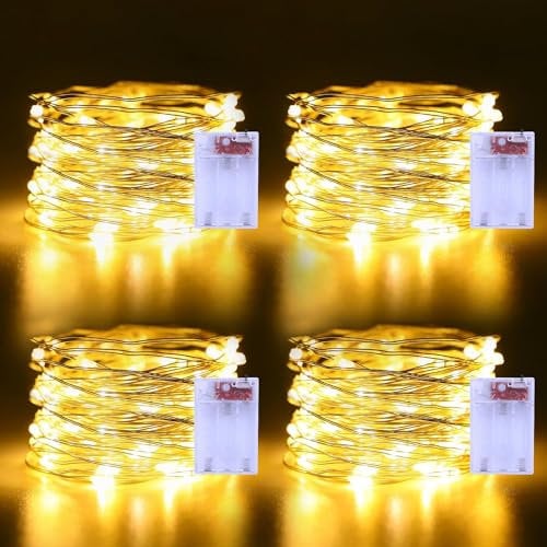 CCILAND 4 Pack Battery Fairy Lights, 5M 50 LED Micro Silver Wire Lights Warm White Twinkle String Lights Waterproof for Indoor Outdoor Bedroom Wedding Party Bottle Tree Decor