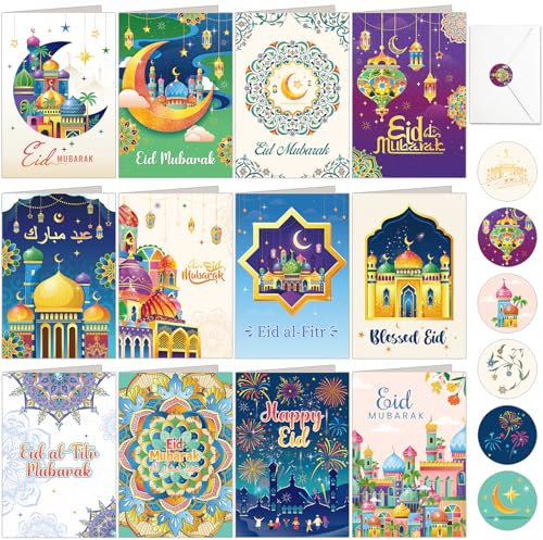 DPKOW 12 Stk Eid Karten mit Umschlag Aufkleber, Eid Mubarak Karten Set Multipack, Eid Grußkarten Geschenke, Bunte islamische Karten für Muslime Eid al-Fitr