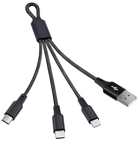 TOP-UP 3 in 1 Multi USB Kabel mit Trageschlaufe | 18cm Kurz, Nylon Geflochten, Schnellladekabel | USB-C, Micro USB, Kompatibel mit iPhone 16 15, Galaxy S24 S23, Powerbank | Ideal für unterwegs