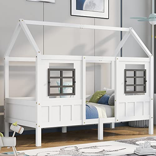 Hausbett, Einzelbett, Tagesbett, Kinderbett mit 2 Fenstern, Rahmen aus Kiefer, MDF, weiß (200x90cm)