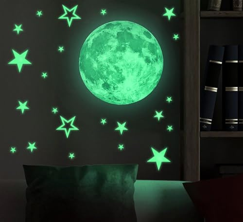 Dryxog 4 Stück Mond Aufkleber Leuchtend Stern Wandtattoo Leuchtmond Wandaufkleber Selbstklebend Kinder Leuchtsticker Wand Deko Wandsticker Lustige Sticker für Kinderzimmer Schlafzimmer