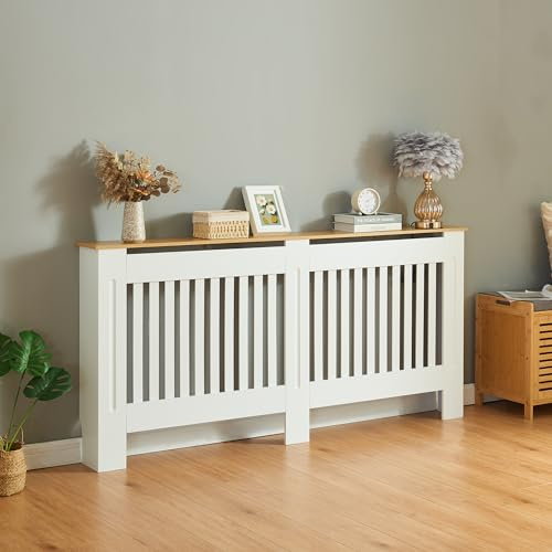 Panana Radiator Cover Cabinet, Modern Painted MDF with Slatted Grill Design (White with wood top, XL)