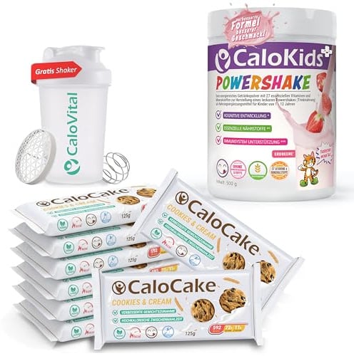 Zunahme-Bundle Kinder: 8x CaloCake C&C Riegel + Erdbeere + Shaker | Hochkalorische Riegel Cookies & Cream, 500g CaloKids+ Powershake, gratis Shaker