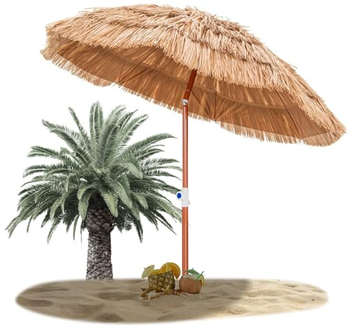 RELAX4LIFE Ombrellone da Spiaggia 155cm, Parasole Hawaiano in Paglia Simulata, Palo Reclinabile, Ombrellone da Esterno per Spiaggio, Giardino, Cortile e Balcone (155 cm)
