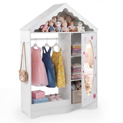 COSTWAY Penderie Enfant en Forme Maison avec Miroir en Acrylique et Tringle, Portant à Vêtements Enfant avec 4 Étagères et 3 Crochets, Armoire Montessori, 85,5x30x121 cm (Blanc)