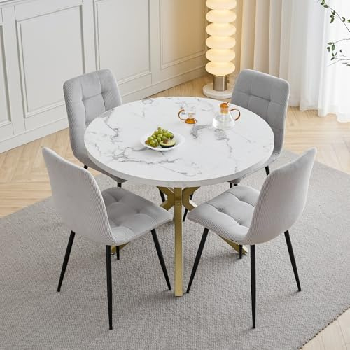 HJhomeheart Esstisch- und Stuhlset, 4 Cord mit Hoher Rückenlehne und EIN 100 cm Langer Moderner Runder Esstisch, Geeignet für Küchen, Esszimmer und Wohnzimmer-Goldene Tischbeine + Hellgrau