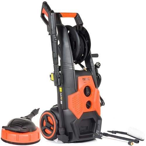 NAC Idropulitrice 2500W 195 bar - Pistola ad alta pressione Power Jet con motore a induzione, Idropulitrice (21 kg) - Pompa in alluminio 468 l/h, tubo da 5m su avvolgitubo Patio Cleaner Auto,Giardino