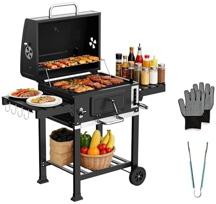 TEENO Barbecue al Carbone XXL -Termometro Integrato, Guanti Anti-Calore, Camino, Apribottiglie e Affumicatore - 6 velocità grande modello per grigliate all'aperto, feste e famiglie