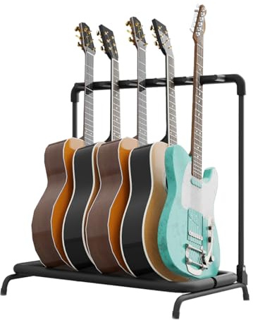 Flexzion Multi-Gitarrenständer Rack 5 Mehrhalter - Universal-Instrumentenständer, zusammenklappbar, gepolsterter Aufbewahrungsort, Band Stage Bass-Steckplatz elekt. Akustikgitarren Ukulele-Instrumente