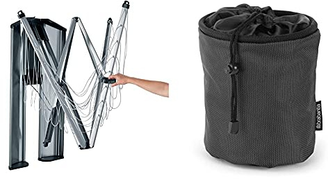 Brabantia - WallFix - 24 Metres of Clothes Line - UV-Resistant & Non-Slip Lining Metallic Grey - 184 x 182 cm & Premium Peg Bag - with Closing Cord - Storage for up to 150 Pegs Black 28 x 18 x 17.5 cm