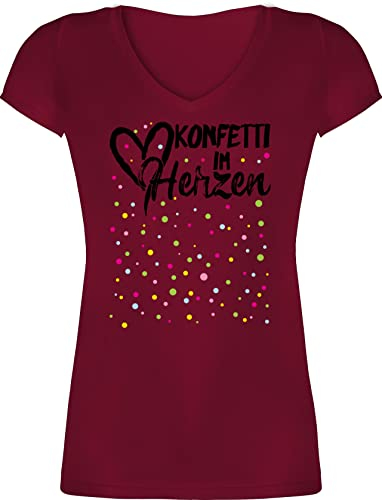 T-Shirt Damen V Ausschnitt - & Fasching - Konfetti im Herzen - Köln Karneval Confetti Konfetti für Alle - XL - Bordeauxrot - Shirt Carnaval t Outfit kaneval v-Ausschnitt Oberteil karmeval Frauen