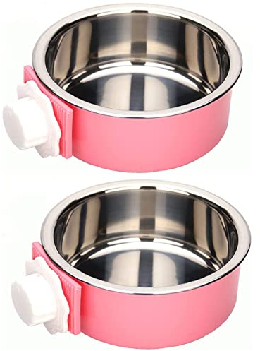 KuTi Kai 2 IN 1 Stainless Steel Pet Hanging Bowl Removable Dog Bowl for Crates Puppy Food Feeder Water Dish with Bolt Holder Dog Pink (Large-2-Pcs)