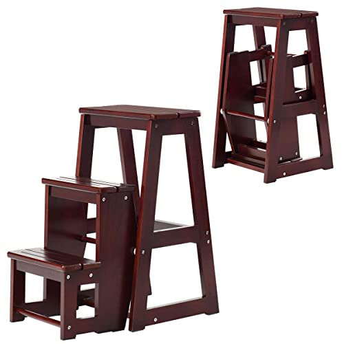RELAX4LIFE 2 in 1 Sgabello Scaletta in Legno a 3 Gradini, Richiudibile per Cucina, Camera da letto, Ufficio, Negozio (Marrone Scuro)