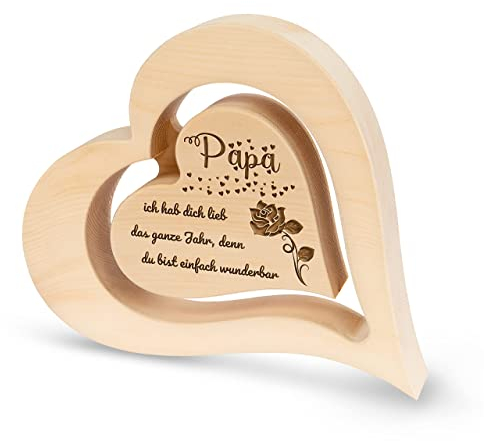 sagl.tirol Herz aus Zirbenholz mit schwebendem innen Herz und Rosen Gravur [100% Naturprodukt] Vatertag I Papa Geschenk aus Zirbe I Geschenke für Papa I Geschenk für Papa I Papa ich hab Dich lieb