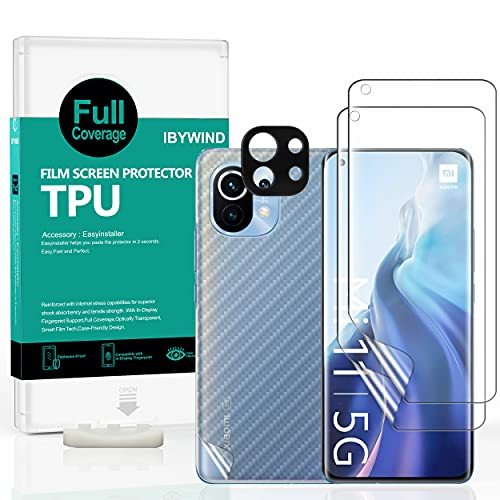 Ibywind Schutzfolie kompatibel mit Xiaomi Mi 11 5G,[Kamera Schutzfolie Metall Material][Carbon Fiber Folie für die Rückseite][Fingerabdruck kompatibel][Blasenfrei]